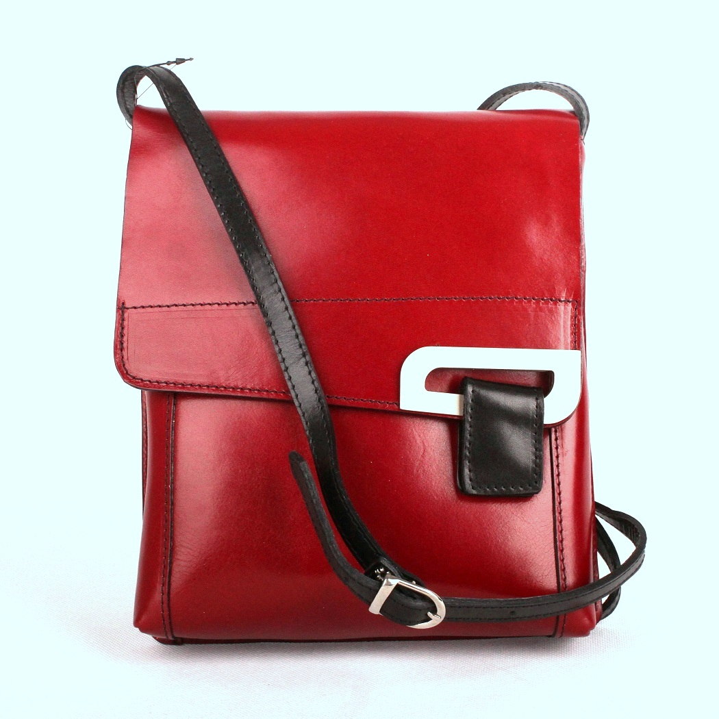 Tmavěčerveno-černá středně velká kožená crossbody kabelka no. 28