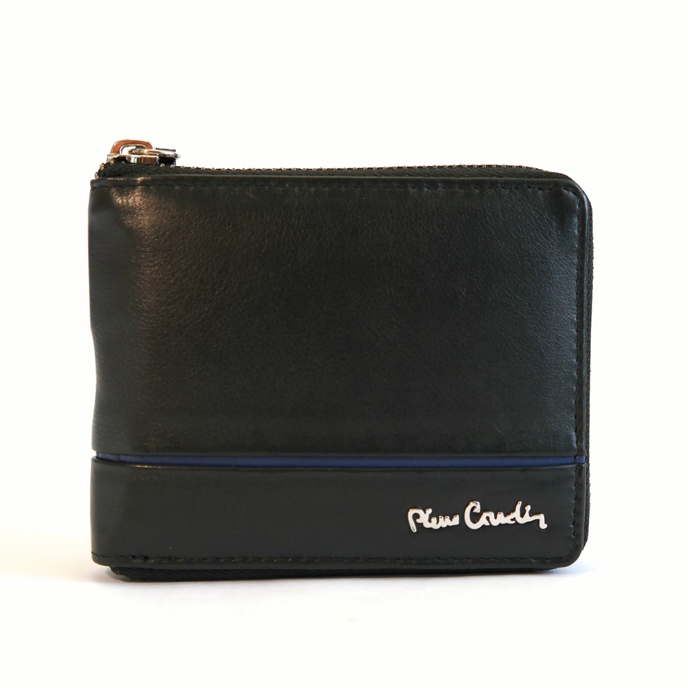 Luxusní celozipová černá kožená peneněženka Pierre Cardin 8818 s modrým proužkem + RFID