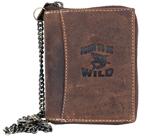Hnědá kožená peněženka Born to be Wild se žralokem a s řetězem (100b257)
