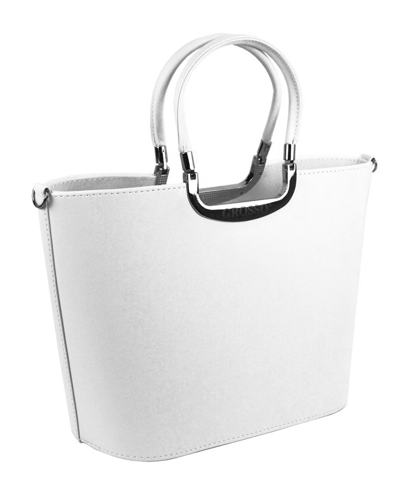 Elegantní bílá hladká matná pevná kabelka do ruky Grosso S7, stříbrné aplikace