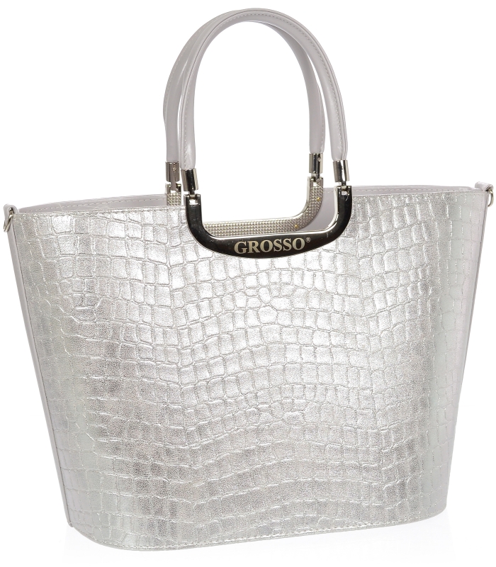 Elegantní stříbrná pevná kabelka do ruky Grosso S7, kroko vzor