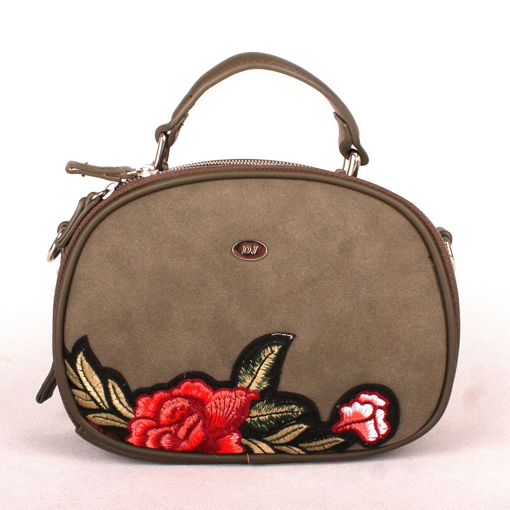 Zelenohnědá (khaki) kabelka do ruky David Jones 5645-1 s výšivkou květin