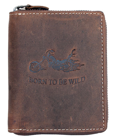 Tmavěhnědá kožená peněženka Born to be Wild s motorkou