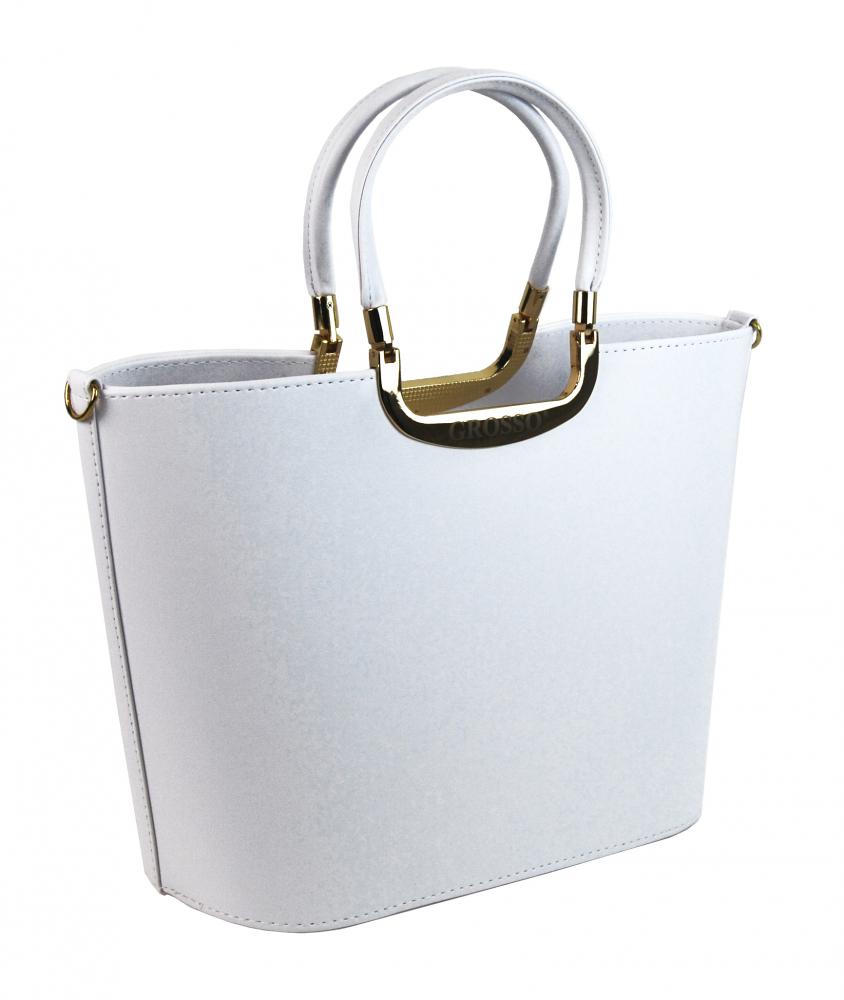 Elegantní bílá jemně hrubá pevná kabelka do ruky Grosso S7, zlaté aplikace