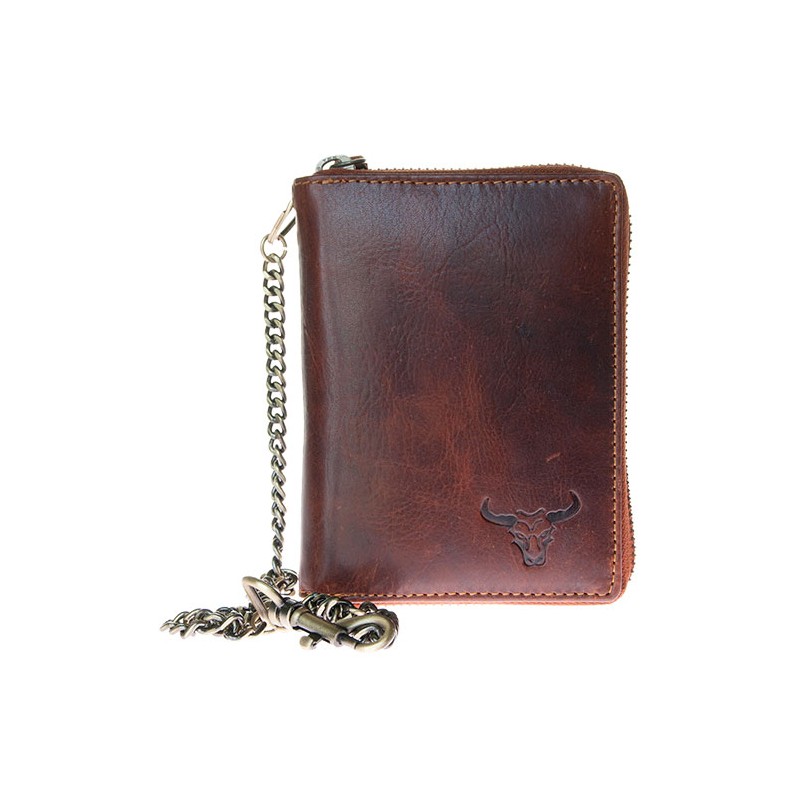 Hnědá celokožená peněženka s býkem celozipová s řetězem