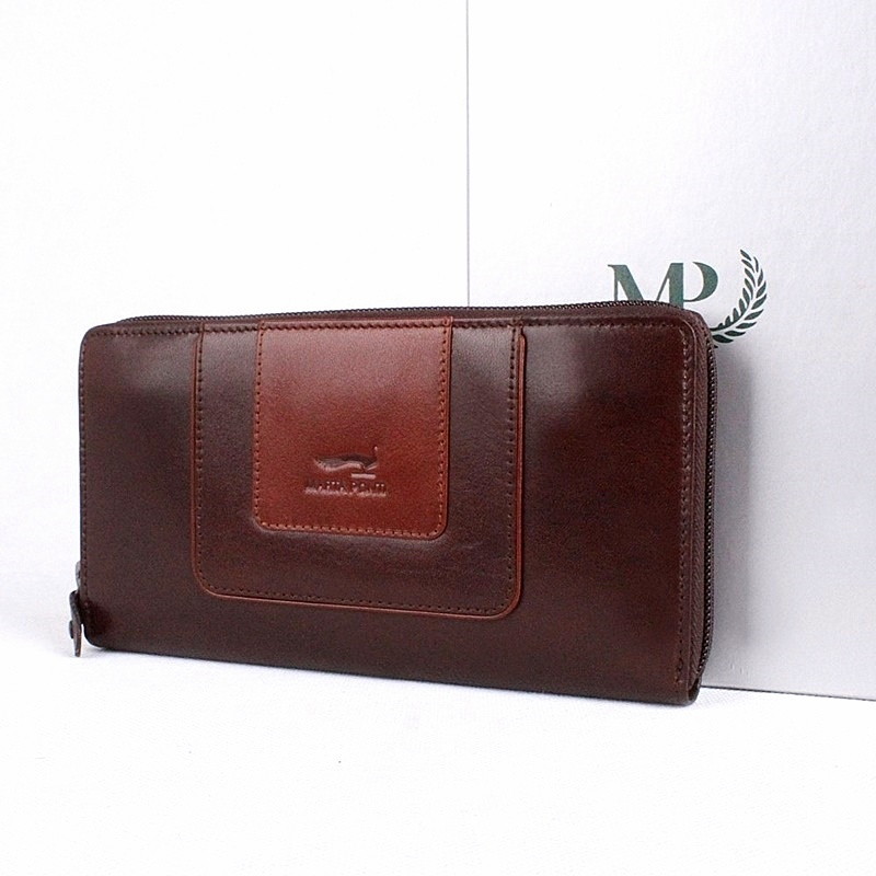 Luxusní celozipová tmavěhnědo-hnědá kožená peněženka Marta Ponti B513