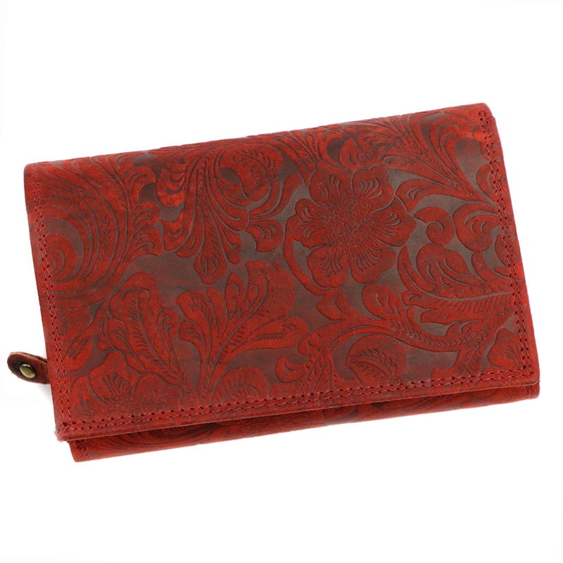 Červená kožená peněženka Wild by Loranzo no. 644 s ornamenty květin