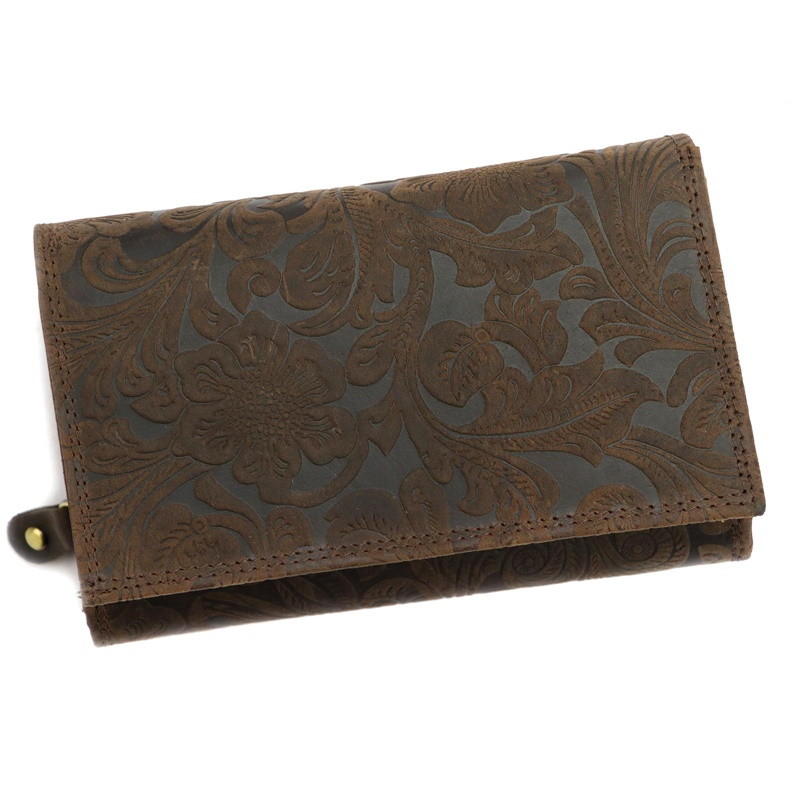 Tmavěhnědá kožená peněženka Wild by Loranzo no. 644 s ornamenty květin