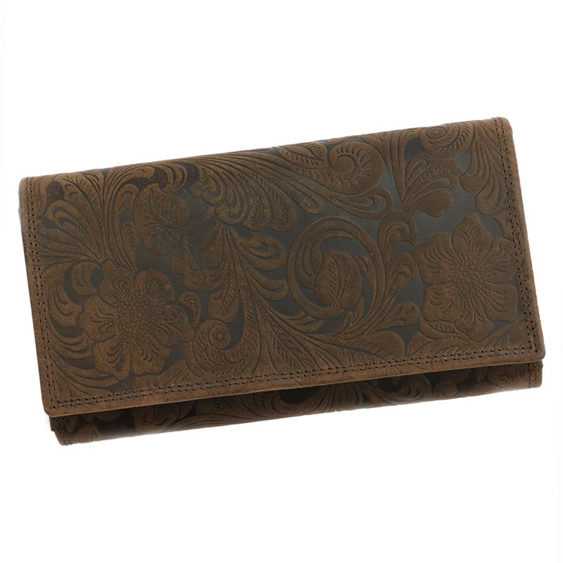 Bytelná kožená tmavěhnědá peněženka Wild by Loranzo no. 632 s ornamenty květin