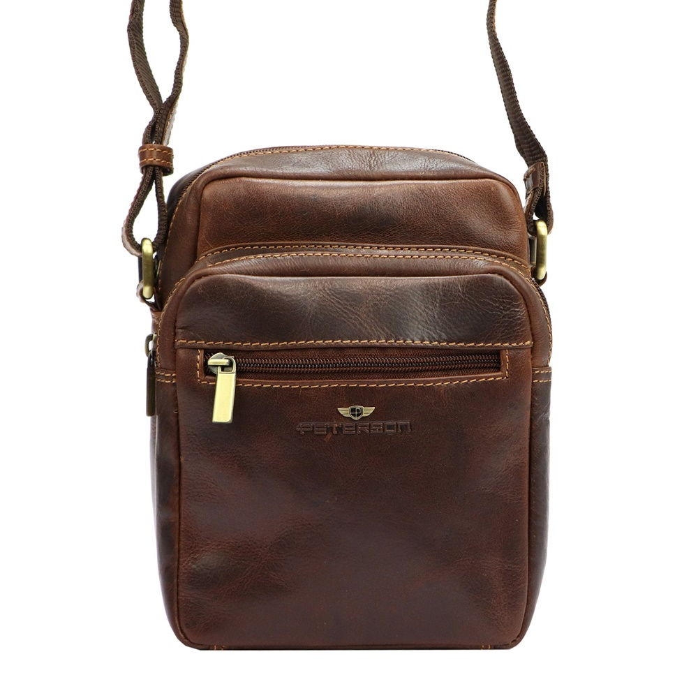 Dvouoddílová středně velká pánská kožená hnědá crossbody taška Peterson TB11