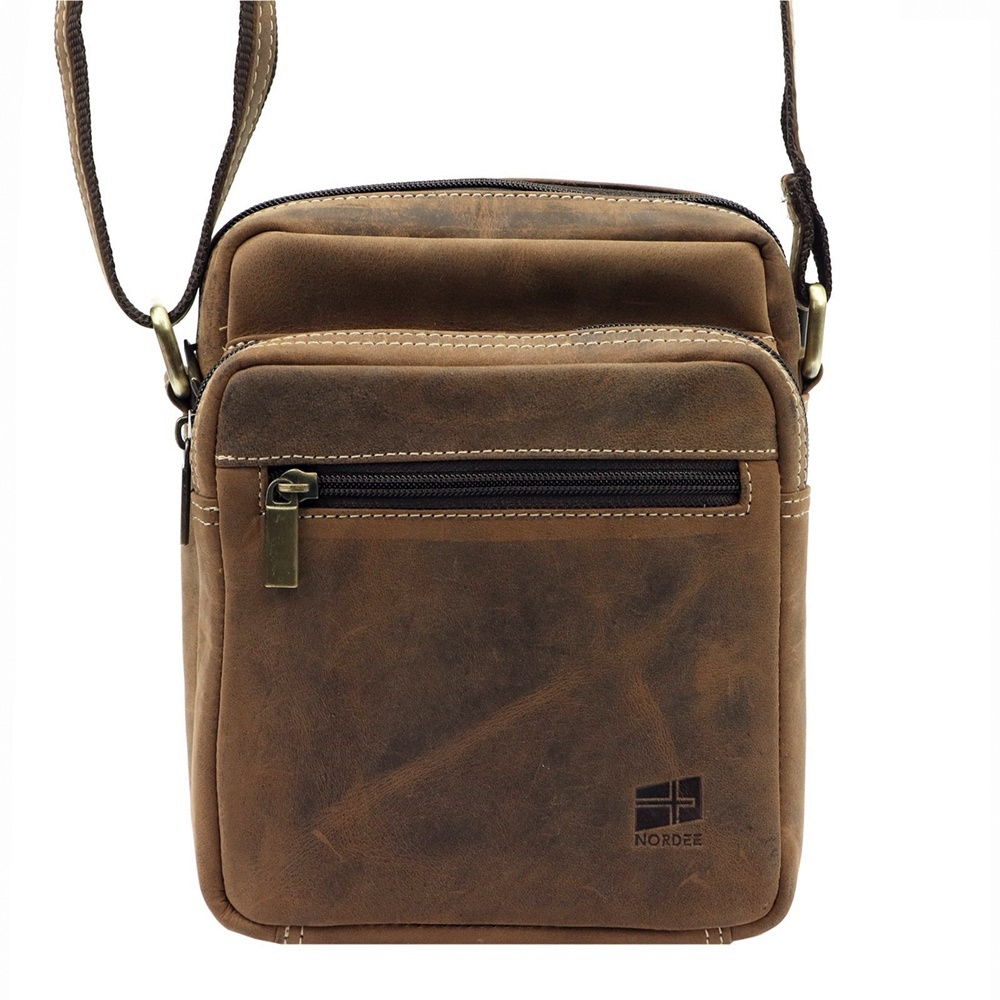 Dvouoddílová středně velká pánská kožená hnědá crossbody taška Nordee 02 GM01