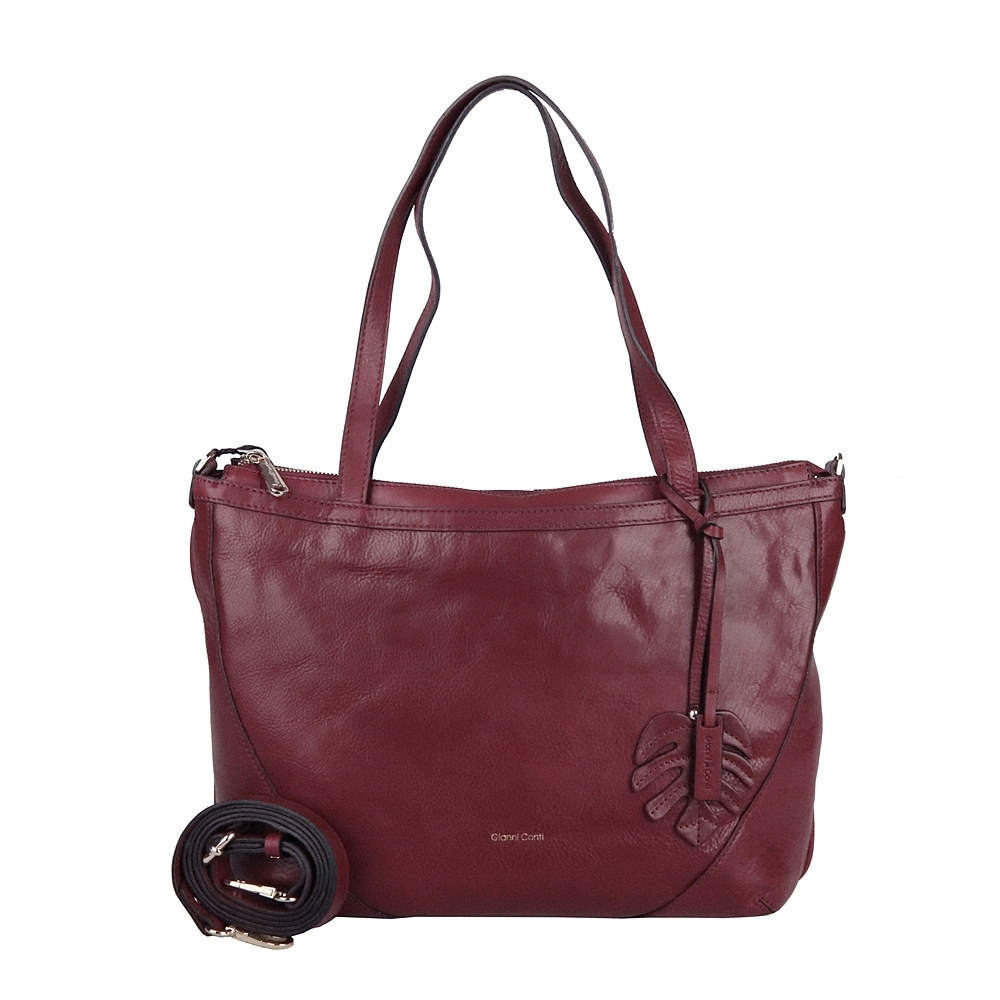 Tříoddílová velká značková tmavěčervená kožená kabelka na rameno Gianni Conti no. 494