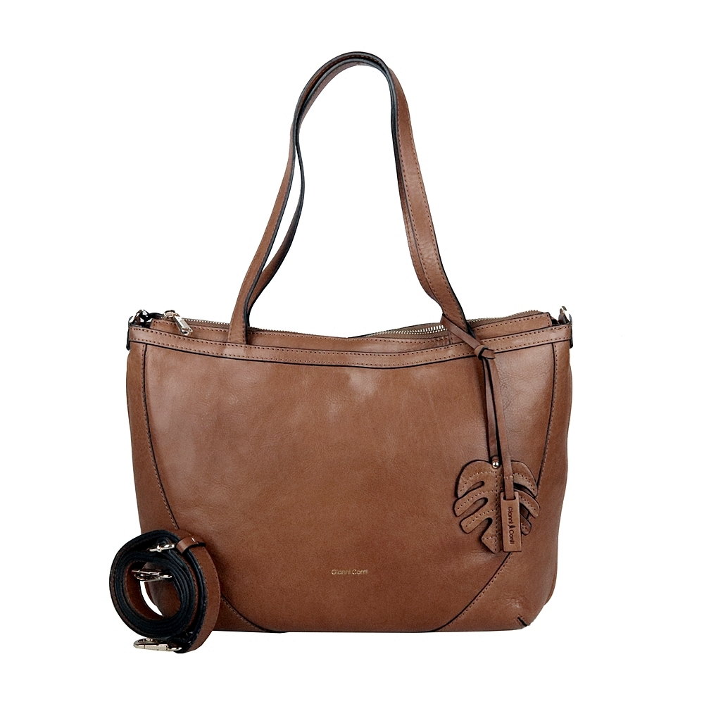 Tříoddílová velká značková hnědá kožená kabelka na rameno Gianni Conti no. 494