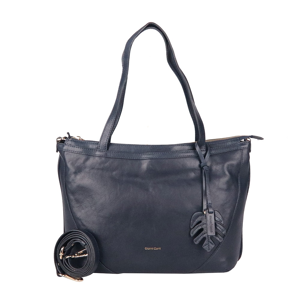 Tříoddílová velká značková tmavěmodrá kožená kabelka na rameno Gianni Conti no. 494