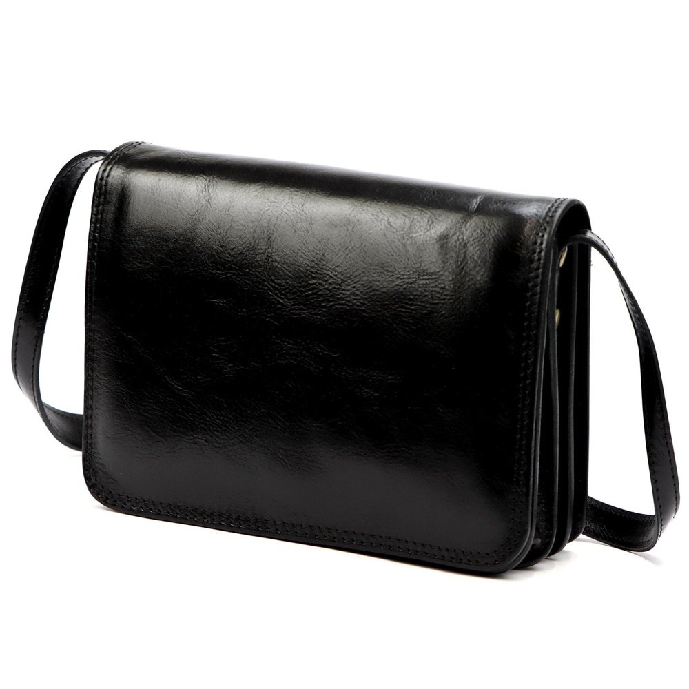 Čtyřoddílová lovecká černá středně velká celokožená crossbody kabelka Florence no. 108