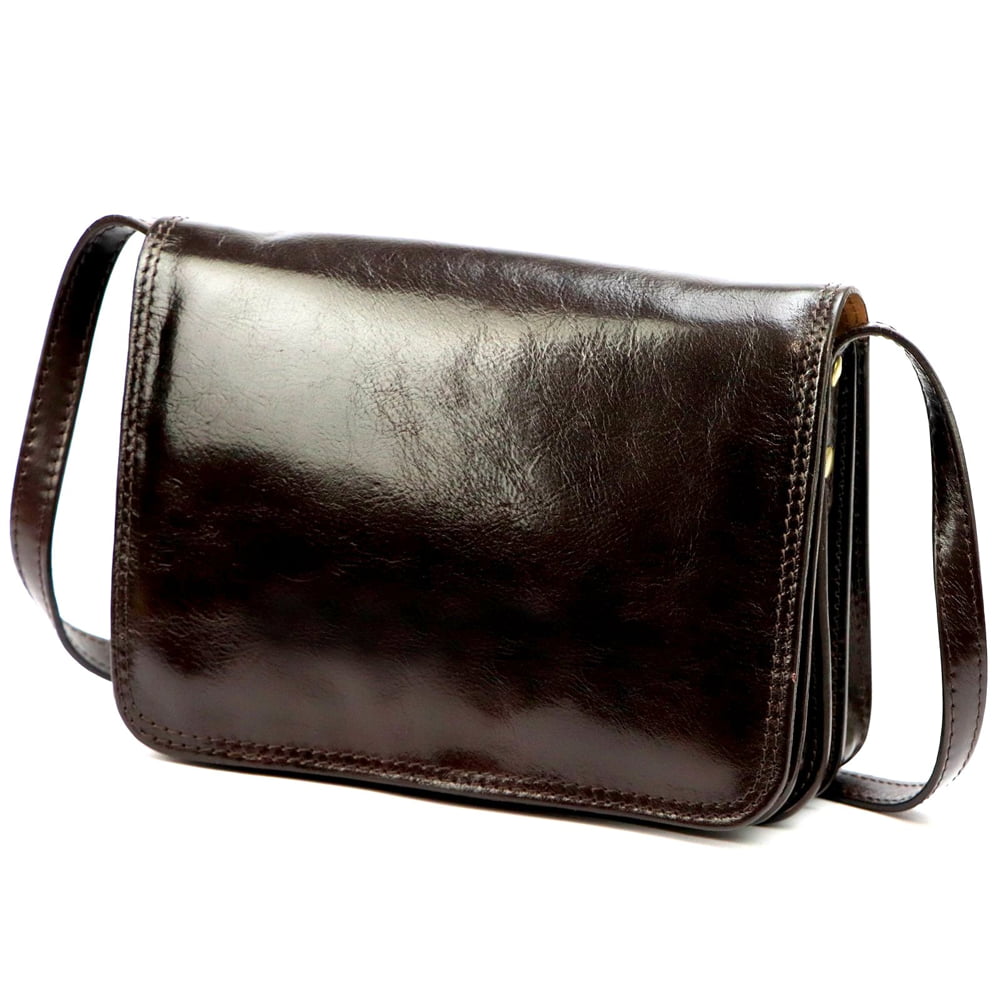 Čtyřoddílová lovecká tmavěhnědá středně velká celokožená crossbody kabelka Florence no. 108