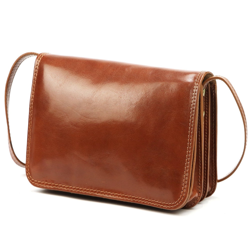 Čtyřoddílová lovecká světlehnědá středně velká celokožená crossbody kabelka Florence no. 108