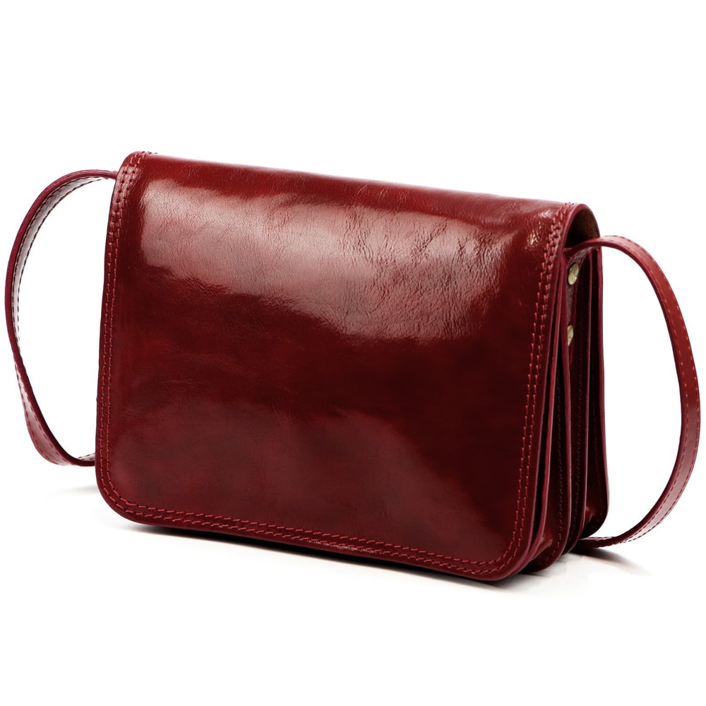 Čtyřoddílová lovecká tmavěčervená středně velká celokožená crossbody kabelka Florence no. 108